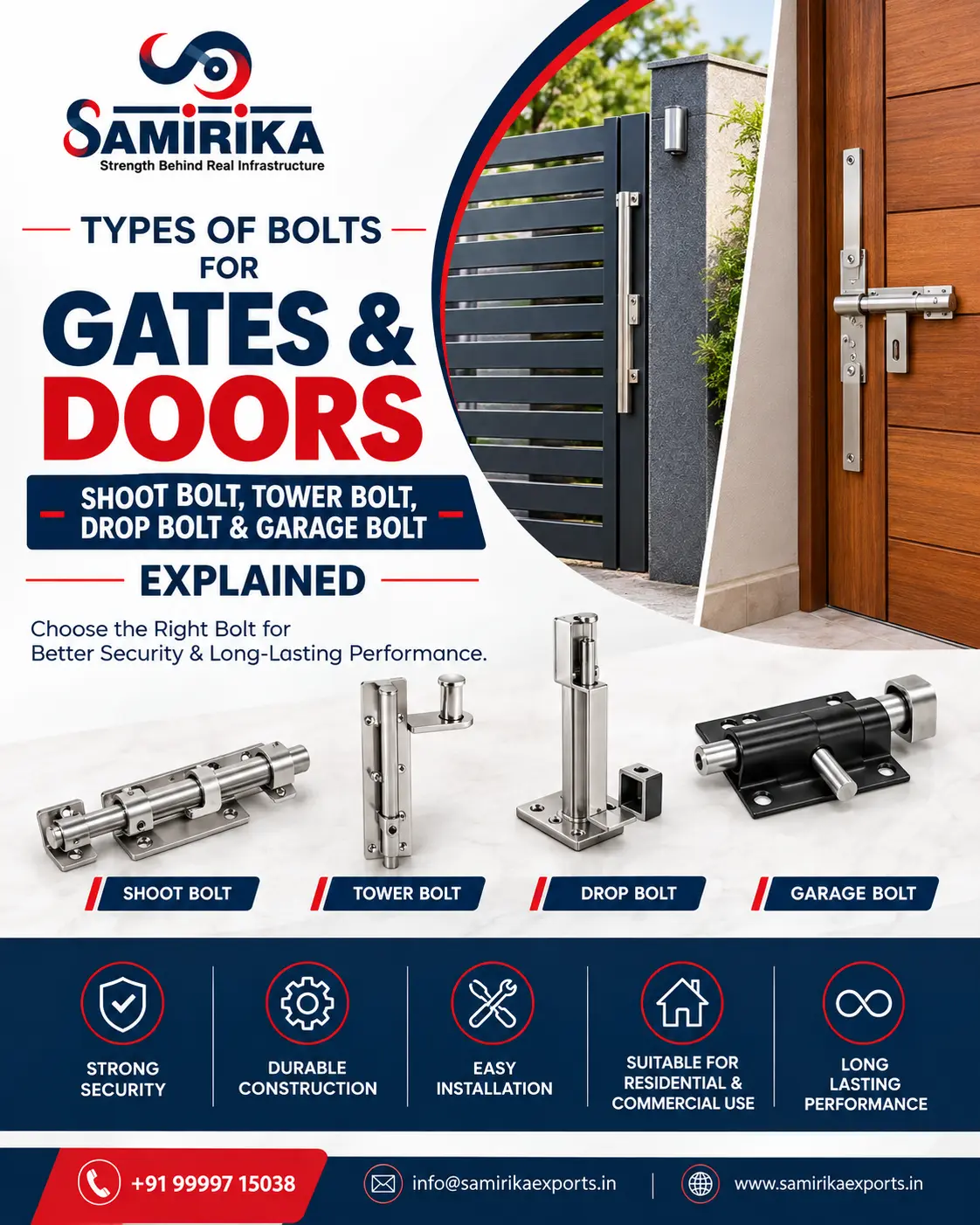 Types of Bolts for Gates Doors Shoot Bolt Tower Bolt Drop Bolt Garage Bolt Explained